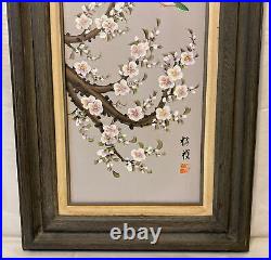 Vintage Original Japanese Oil Painting Signed Birds & Cherry Blossom Framed