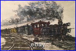 Vintage Original MCM Oil Painting Abstract Impressionism Railroad Train Signed