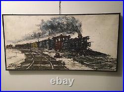 Vintage Original MCM Oil Painting Abstract Impressionism Railroad Train Signed