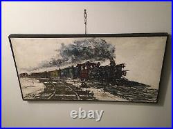 Vintage Original MCM Oil Painting Abstract Impressionism Railroad Train Signed