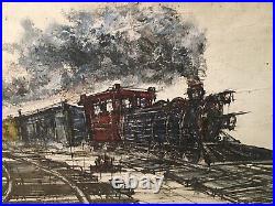 Vintage Original MCM Oil Painting Abstract Impressionism Railroad Train Signed