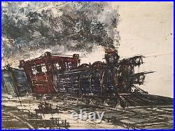 Vintage Original MCM Oil Painting Abstract Impressionism Railroad Train Signed