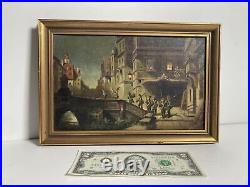 Vintage Original Miniature Oil Painting -Nocturne Cityscape Soldiers -Signed