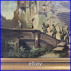 Vintage Original Miniature Oil Painting -Nocturne Cityscape Soldiers -Signed