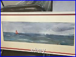 Vintage Original Nautical Seascape Watercolor Painting Boats Signed REID