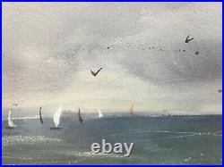 Vintage Original Nautical Seascape Watercolor Painting Boats Signed REID