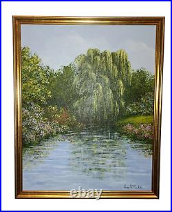 Vintage Original Oil On Canvas Landscape Painting Weeping Willow on Pond Signed