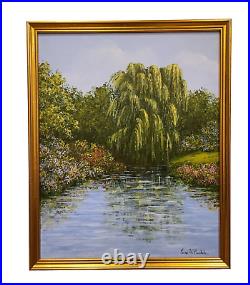 Vintage Original Oil On Canvas Landscape Painting Weeping Willow on Pond Signed