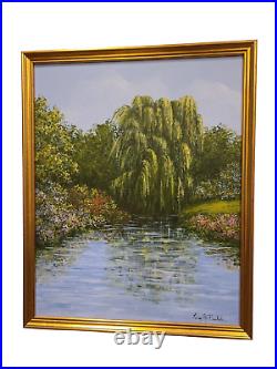 Vintage Original Oil On Canvas Landscape Painting Weeping Willow on Pond Signed