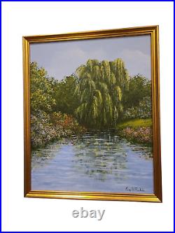 Vintage Original Oil On Canvas Landscape Painting Weeping Willow on Pond Signed