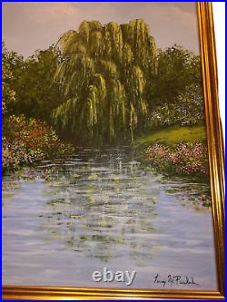 Vintage Original Oil On Canvas Landscape Painting Weeping Willow on Pond Signed