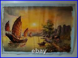 Vintage Original Oil Painting 39x27 Canvas Signed Chinese Boats Mid Century