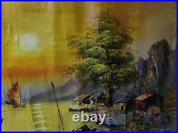 Vintage Original Oil Painting 39x27 Canvas Signed Chinese Boats Mid Century
