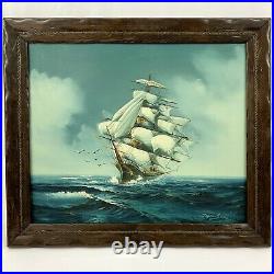 Vintage Original Oil Painting Canvas Ship Sailing Seas Maritime Nautical Signed