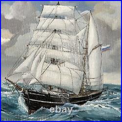 Vintage Original Oil Painting Canvas Ship Sailing Seas Maritime Nautical Signed
