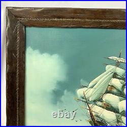 Vintage Original Oil Painting Canvas Ship Sailing Seas Maritime Nautical Signed