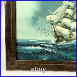 Vintage Original Oil Painting Canvas Ship Sailing Seas Maritime Nautical Signed