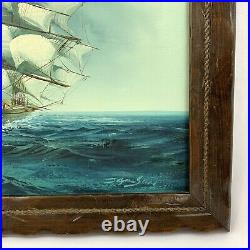 Vintage Original Oil Painting Canvas Ship Sailing Seas Maritime Nautical Signed