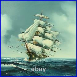 Vintage Original Oil Painting Canvas Ship Sailing Seas Maritime Nautical Signed