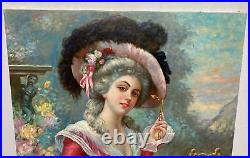 Vintage Original Oil Painting French Rococo Woman in Garden Signed L Bonnat