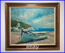 Vintage Original Oil Painting Impressionist Beach Rowboat Ocean View -Signed