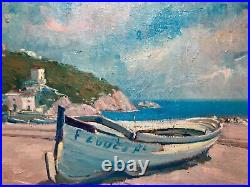 Vintage Original Oil Painting Impressionist Beach Rowboat Ocean View -Signed