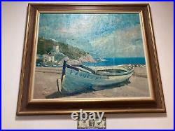 Vintage Original Oil Painting Impressionist Beach Rowboat Ocean View -Signed