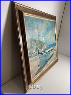 Vintage Original Oil Painting Impressionist Beach Rowboat Ocean View -Signed