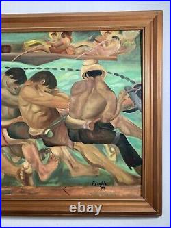 Vintage Original Oil Painting Impressionist Social Realist Strong Workers Signed