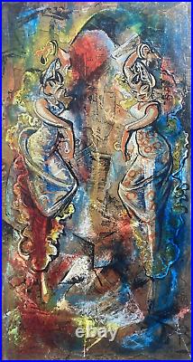 Vintage Original Oil Painting -MCM Women Painting Enamel Jeweled Finish -Signed