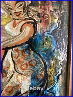 Vintage Original Oil Painting -MCM Women Painting Enamel Jeweled Finish -Signed