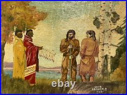 Vintage Original Oil Painting -Native American Peace Pipe, Trappers -Signed 1940
