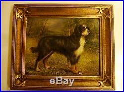Vintage Original Oil Painting Of Bernese Mountain Dog In Gilded Frame, Signed