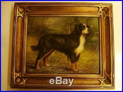 Vintage Original Oil Painting Of Bernese Mountain Dog In Gilded Frame, Signed