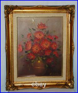 Vintage Original Oil Painting On Canvas Potted Flowers, Ornate Frame, Signed