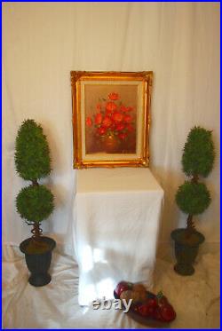 Vintage Original Oil Painting On Canvas Potted Flowers, Ornate Frame, Signed