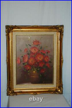 Vintage Original Oil Painting On Canvas Potted Flowers, Ornate Frame, Signed