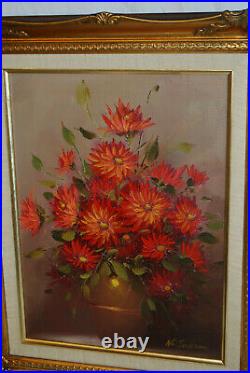 Vintage Original Oil Painting On Canvas Potted Flowers, Ornate Frame, Signed