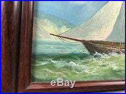 Vintage Original Oil Painting Sailboat Boat Ship Ocean Signed T. Bishop