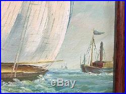 Vintage Original Oil Painting Sailboat Boat Ship Ocean Signed T. Bishop