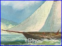 Vintage Original Oil Painting Sailboat Boat Ship Ocean Signed T. Bishop