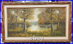 Vintage Original Oil Painting Signed Lake Trees Scene Canvas 48X24 Giant Sized
