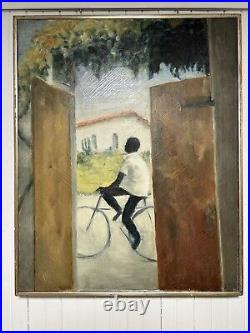Vintage Original Oil Painting Signed Man Boy Bicycle Doorway