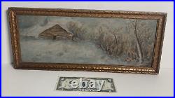 Vintage Original Oil Painting Thin Rectangular -Snowy Nocturne Landscape -Signed
