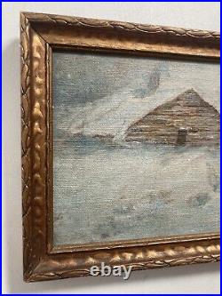 Vintage Original Oil Painting Thin Rectangular -Snowy Nocturne Landscape -Signed