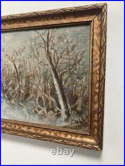 Vintage Original Oil Painting Thin Rectangular -Snowy Nocturne Landscape -Signed