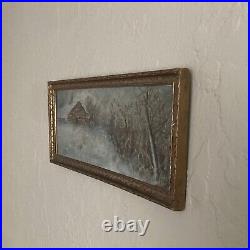 Vintage Original Oil Painting Thin Rectangular -Snowy Nocturne Landscape -Signed
