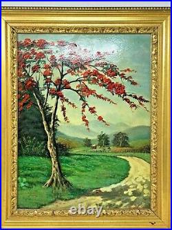 Vintage Original Oil Painting of a Flame Tree by Puerto Rican Artist Ramon Morin