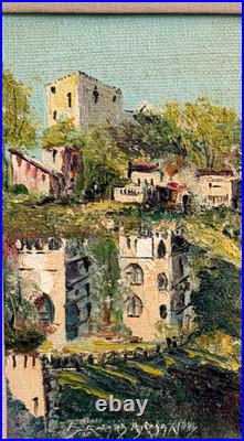 Vintage Original Oil Painting of a Spanish Castle Signed Carved Frame