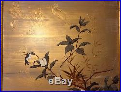 Vintage Original Oil Signed Asian Bird Lotus Flowers Gold Canvas Lee Reynolds